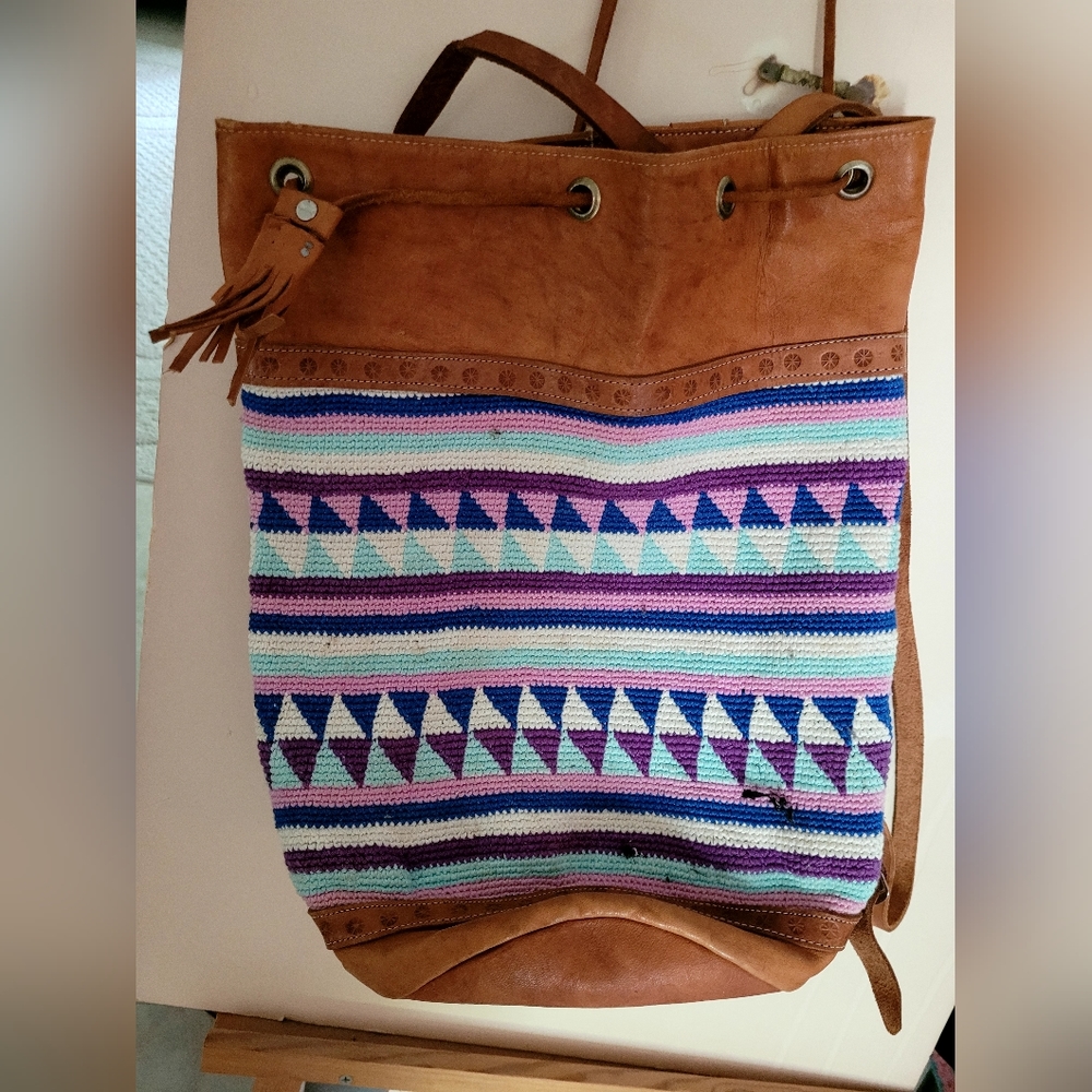 Vintage Boho Woven Leather Backpack Drawstring Bucket Bag